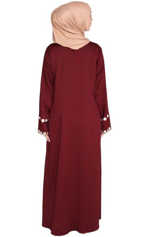 Wine Jacket Style Abaya with Exquisite Mirror Work (Made-To-Order)