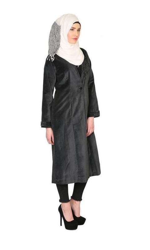 Black Velvet, Pearl Hand-Embroidery Coat Abaya