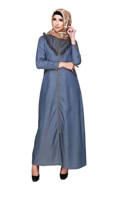 Denim Abaya with Ruffles Yoke (Made-To-Order)
