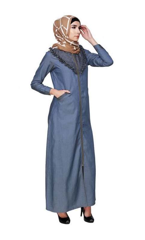 Denim Abaya with Ruffles Yoke (Made-To-Order)