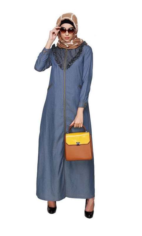 Denim Abaya with Ruffles Yoke (Made-To-Order)