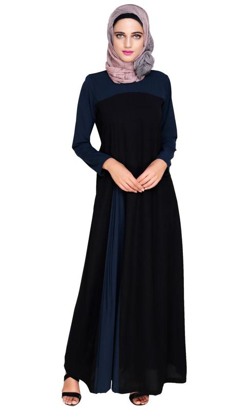 Accordion Side Pleated Blue and Black Abaya