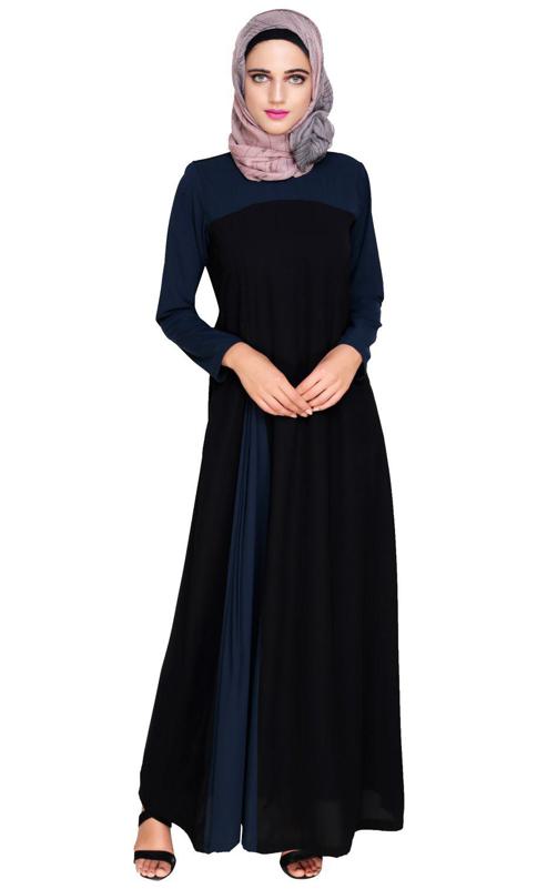 Accordion Side Pleated Blue and Black Abaya (Made-To-Order)