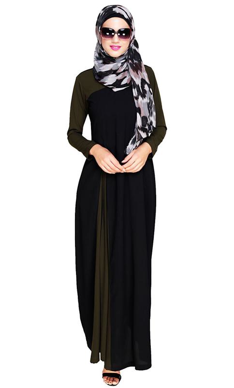 Accordion Side Pleated Green and Black Abaya