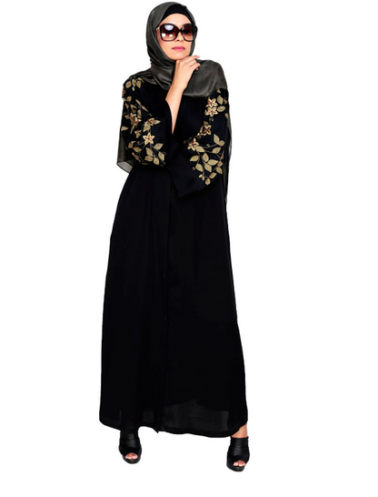 Alluring Floral Embroidery Dubai Style Black Abaya (Made-To-Order)
