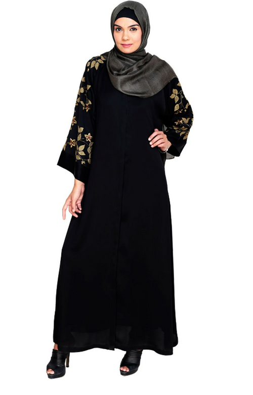Alluring Floral Embroidery Dubai Style Black Abaya (Made-To-Order)