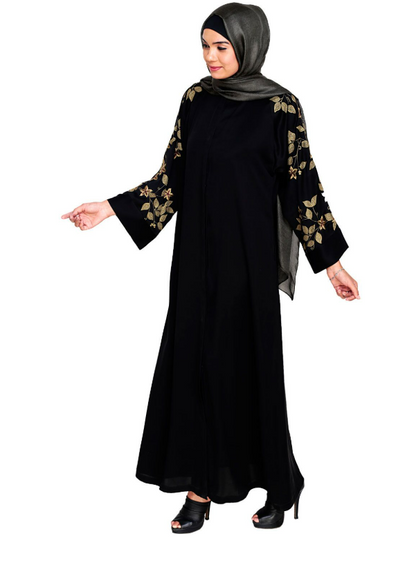 Alluring Floral Embroidery Dubai Style Black Abaya (Made-To-Order)