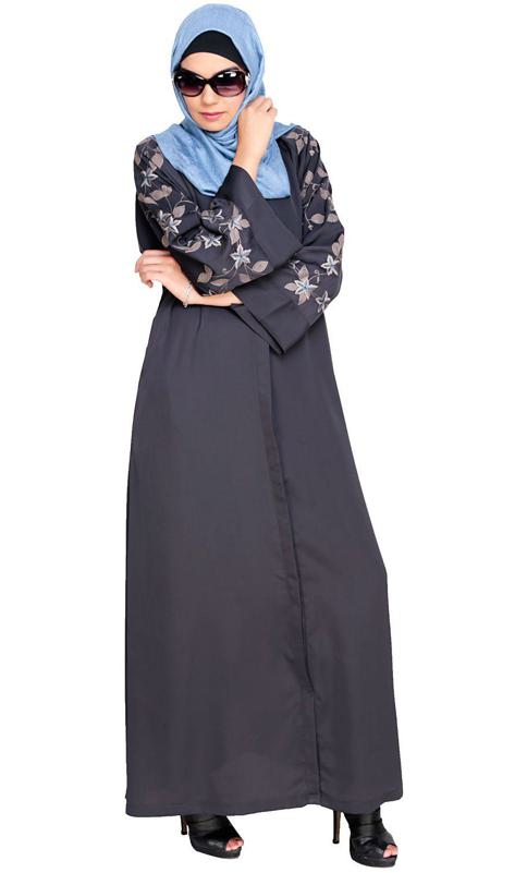 Alluring Floral Embroidery Dubai Style Dark Grey Abaya (Made-To-Order)