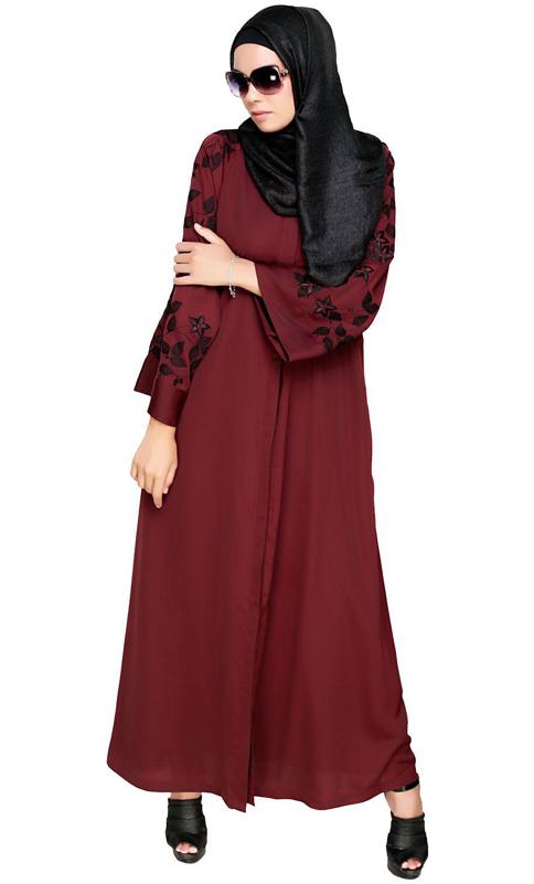 Alluring Floral Embroidery Dubai Style Wine Abaya