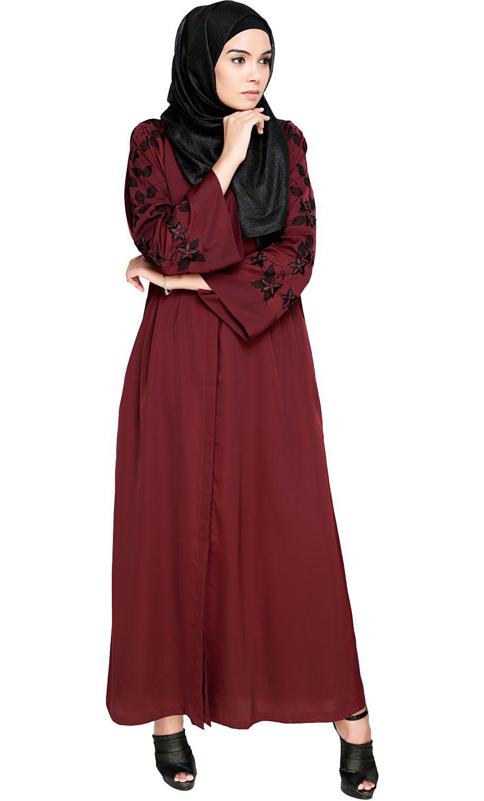 Alluring Floral Embroidery Dubai Style Wine Abaya