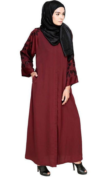 Alluring Floral Embroidery Dubai Style Wine Abaya (Made-To-Order)
