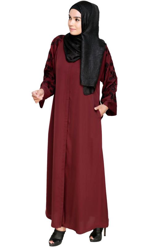 Alluring Floral Embroidery Dubai Style Wine Abaya (Made-To-Order)