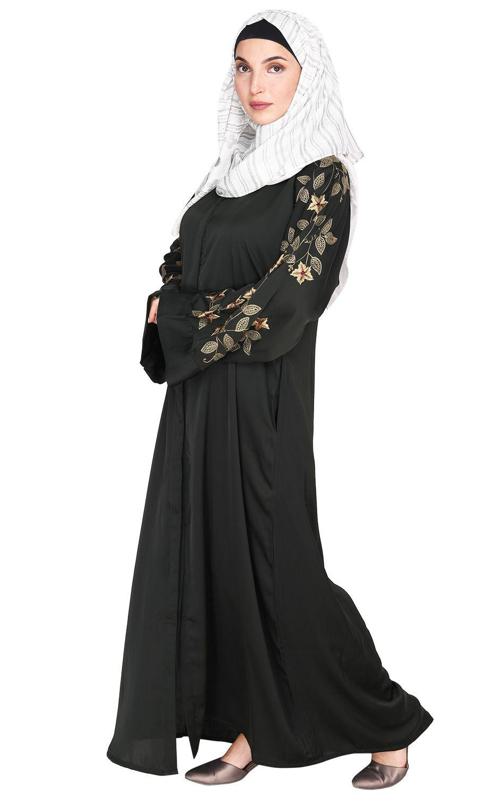 Alluring Olive Green Floral Embroidery Dubai Style Black Abaya (Made-To-Order)