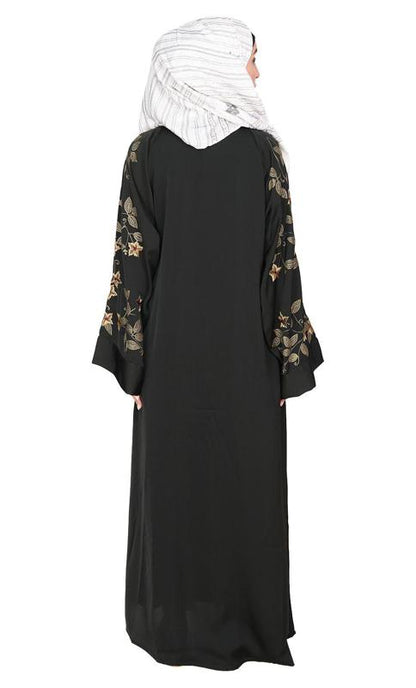 Alluring Olive Green Floral Embroidery Dubai Style Black Abaya (Made-To-Order)