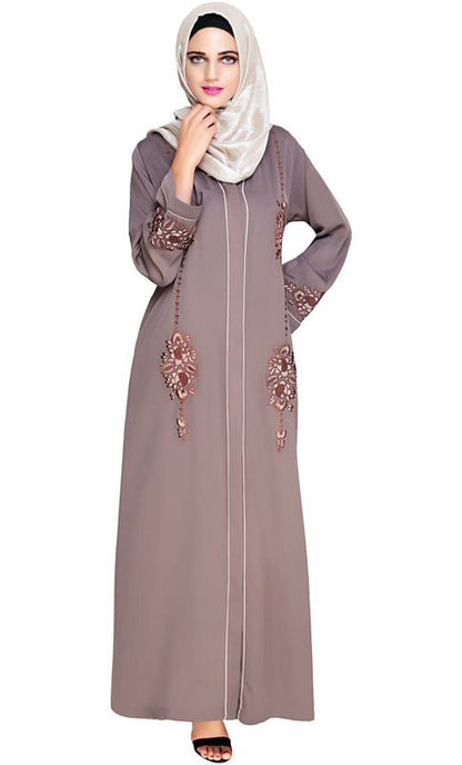 Appealing Brown Floral Embroidery Dubai Style Abaya (Made-To-Order)