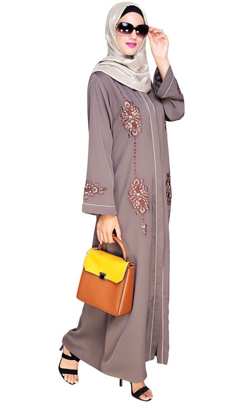 Appealing Brown Floral Embroidery Dubai Style Abaya (Made-To-Order)
