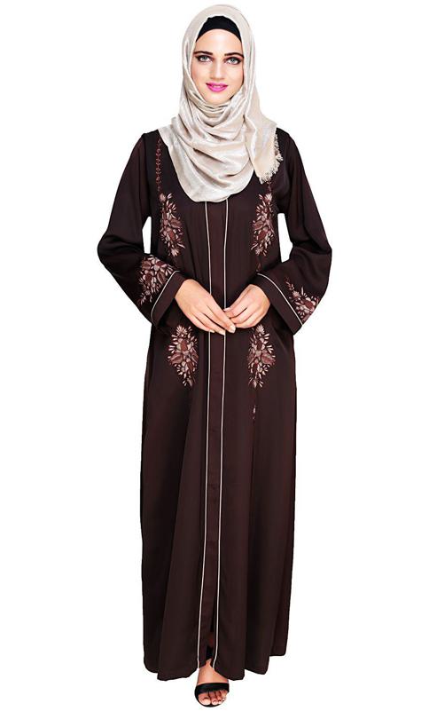 Appealing Dark Brown Floral Embroidery Dubai Style Abaya (Made-To-Order)