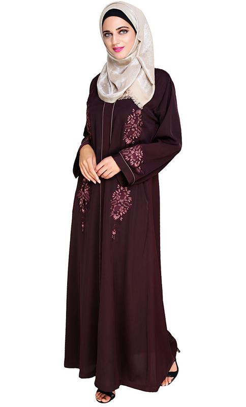 Appealing Wine Floral Embroidery Dubai Style Abaya