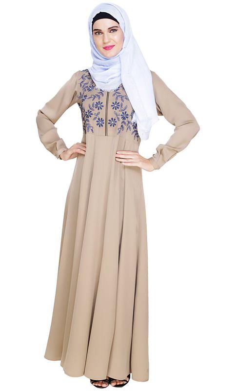 Beautiful Embroidered Yoke Beige Abaya
