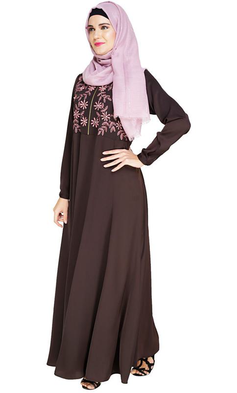 Beautiful Embroidered Yoke Brown Abaya