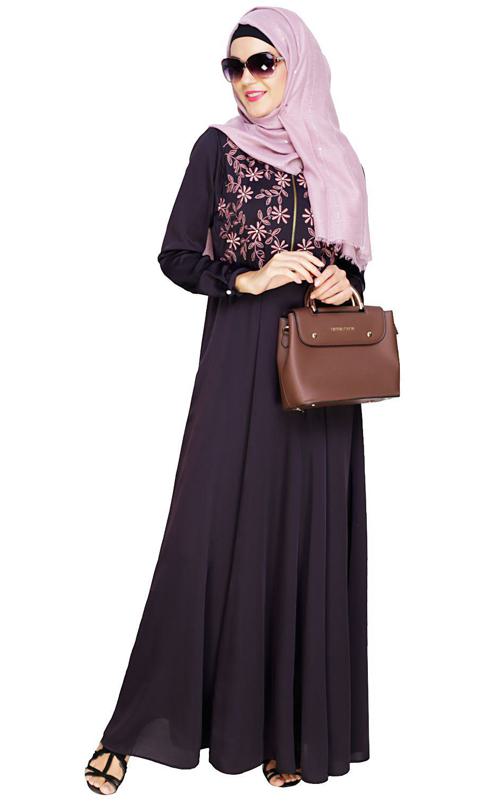 Beautiful Embroidered Yoke Dark Purple Abaya