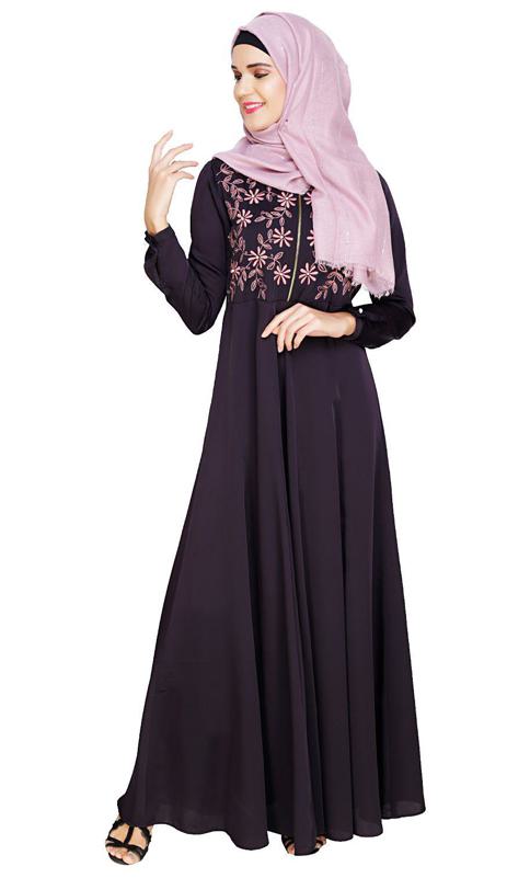 Beautiful Embroidered Yoke Dark Purple Abaya (Made-To-Order)