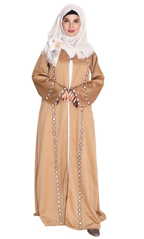 Beige Jacket Style Abaya with Exquisite Mirror Work (Made-To-Order)