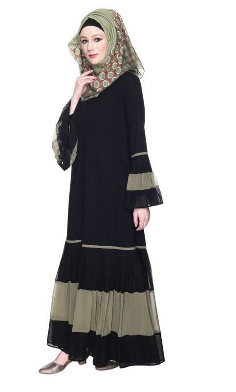 Bell Style Pleated Dead Mint & Black Georgette Abaya (Made-To-Order)