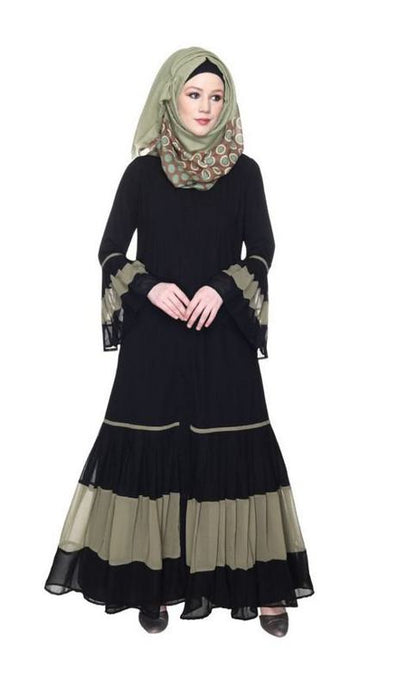 Bell Style Pleated Dead Mint & Black Georgette Abaya (Made-To-Order)