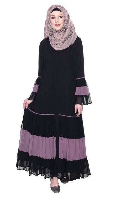 Bell Style Pleated Light Purple & Black Georgette Abaya (Made-To-Order)
