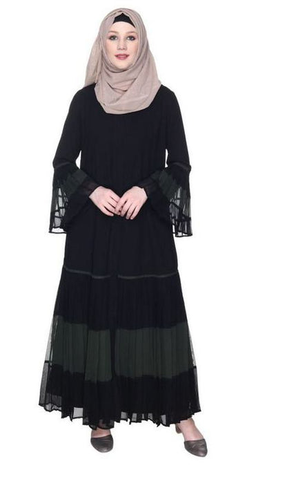 Bell Style Pleated Olive & Black Georgette Abaya (Made-To-Order)