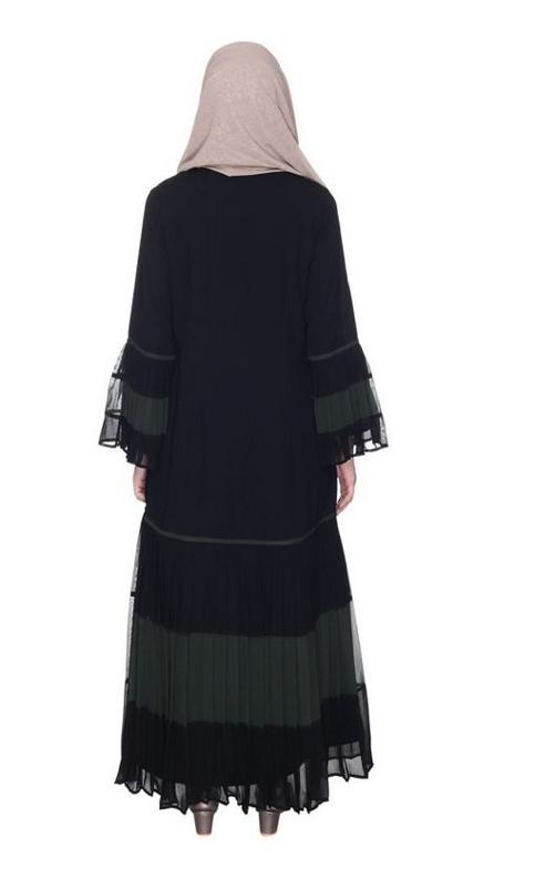 Bell Style Pleated Olive & Black Georgette Abaya (Made-To-Order)