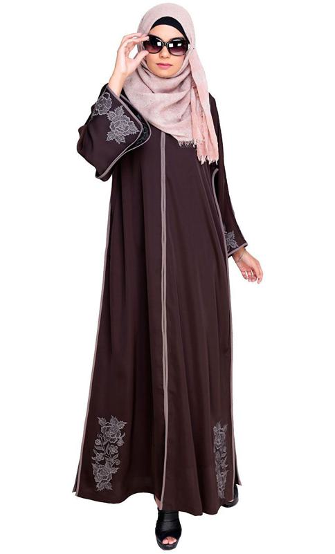 Bewitchting Floral Dubai Style Embroidered Dark Brown Abaya