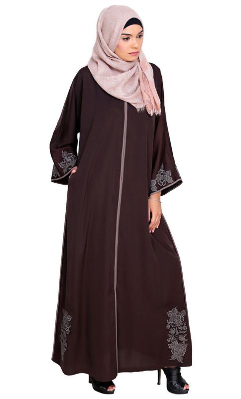 Bewitchting Floral Dubai Style Embroidered Dark Brown Abaya