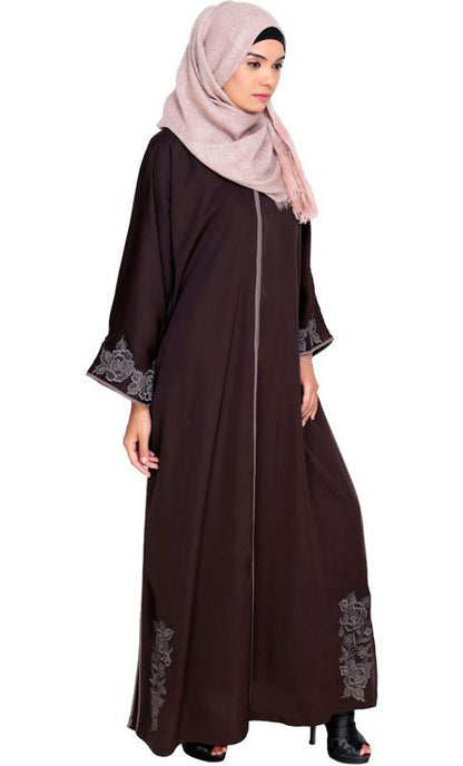 Bewitchting Floral Dubai Style Embroidered Dark Brown Abaya