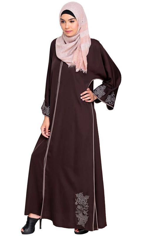 Bewitchting Floral Dubai Style Embroidered Dark Brown Abaya