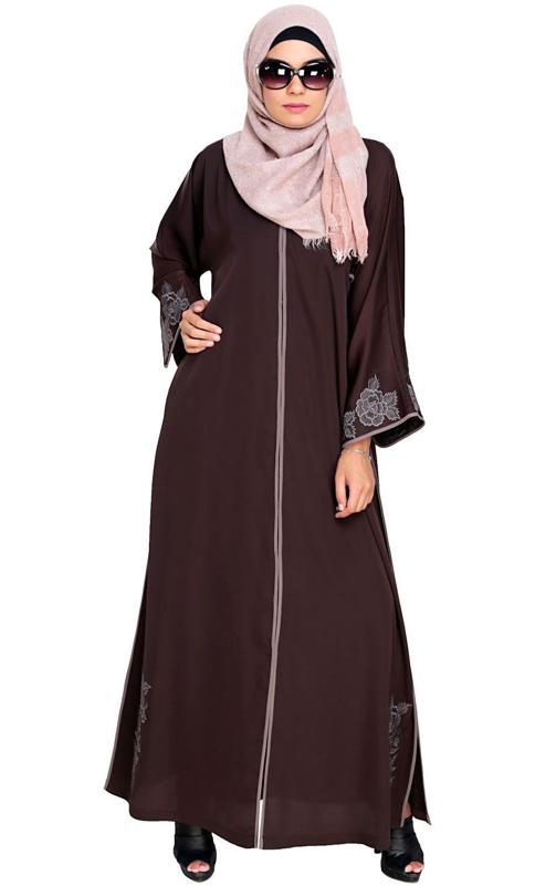 Bewitchting Floral Dubai Style Embroidered Dark Brown Abaya