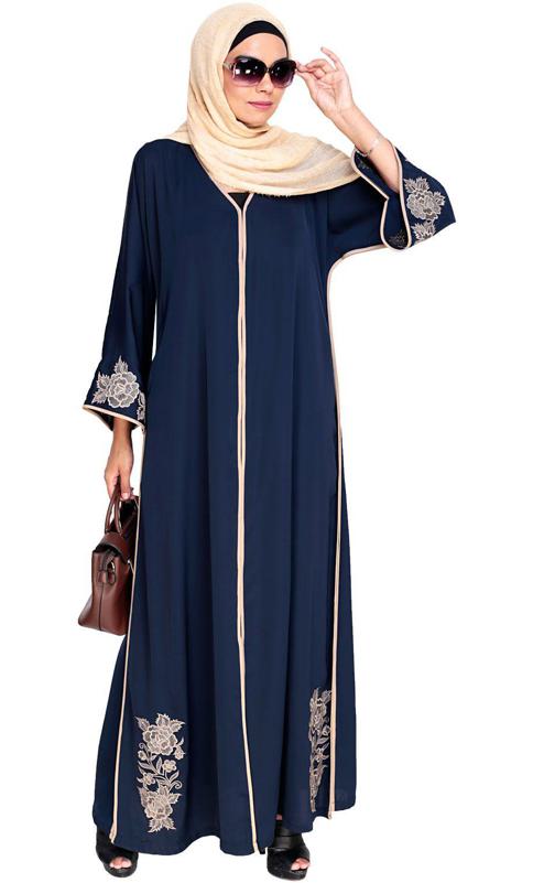 Bewitching Floral Blue Dubai Style Embroidered Blue Abaya