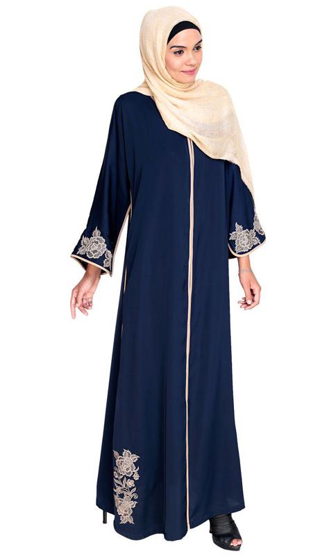 Bewitching Floral Blue Dubai Style Embroidered Blue Abaya