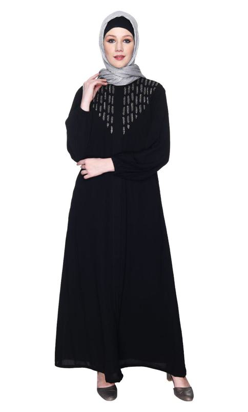 Black Abaya With Flashy Metallic Beads Embroidery (Ready-To-Ship)