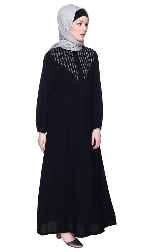 Black Abaya With Flashy Metallic Beads Embroidery