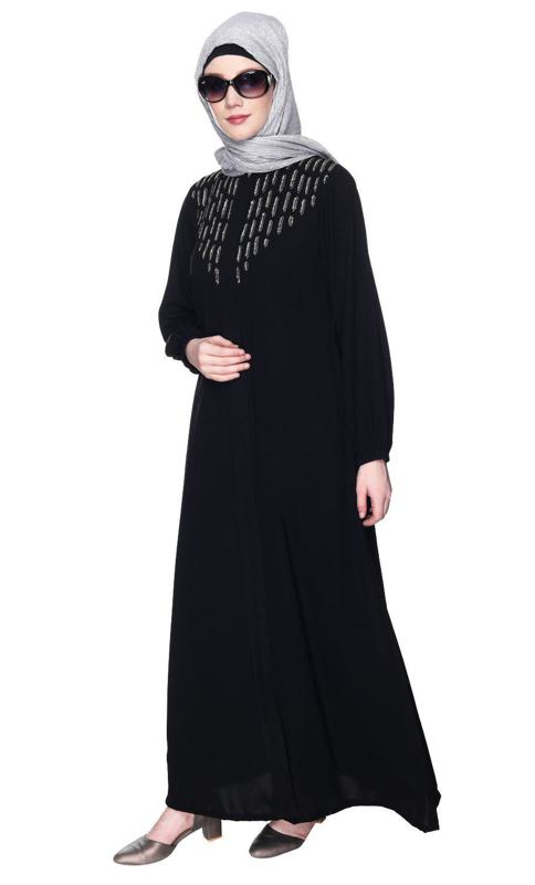 Black Abaya With Flashy Metallic Beads Embroidery