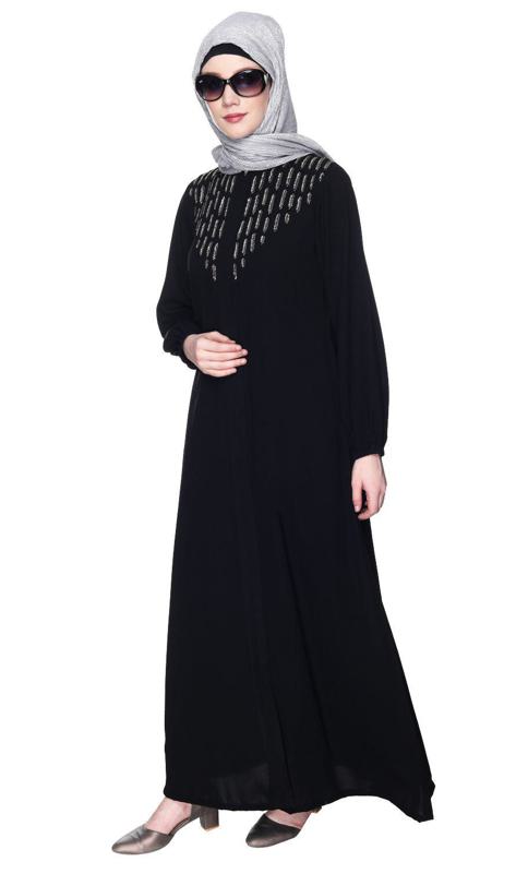Black Abaya With Flashy Metallic Beads Embroidery (Ready-To-Ship)