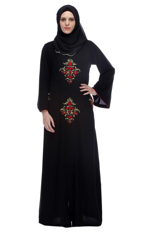 Black Abaya With Multi Coloured Thread Embroidery