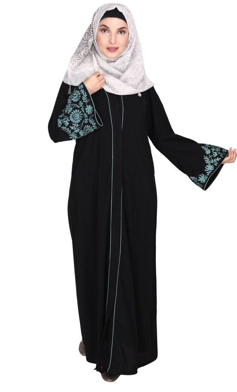Black Abaya With Sage Green Thread Embroidery (Made-To-Order)
