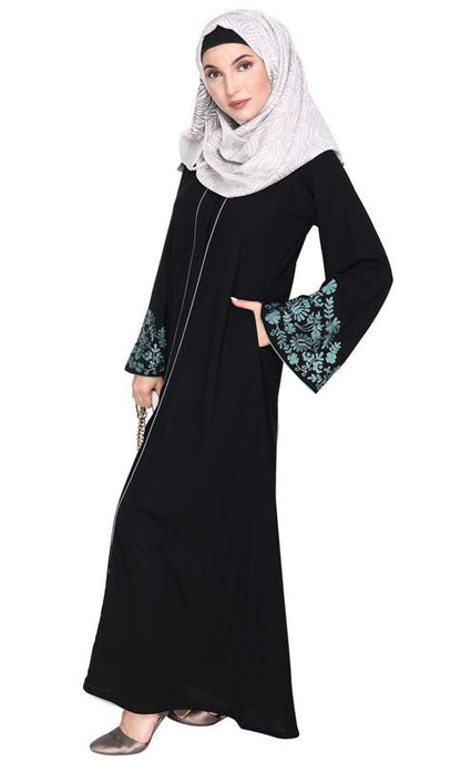 Black Abaya With Sage Green Thread Embroidery (Made-To-Order)