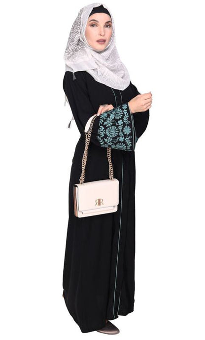Black Abaya With Sage Green Thread Embroidery (Made-To-Order)