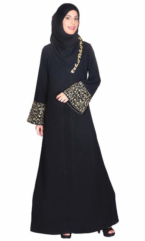 Black Abaya w. Gold Zari Embroidered Bell Sleeve (Made-To-Order)