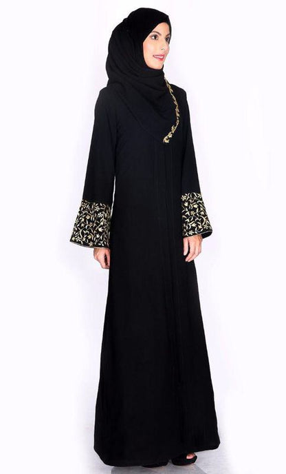 Black Abaya w. Gold Zari Embroidered Bell Sleeve (Made-To-Order)