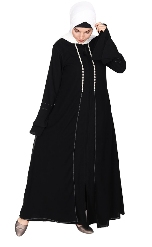 Black Abaya with Georgette Panel Lined with Pearls (Made-To-Order)